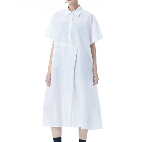 Load image into Gallery viewer, Women Black Irregular Button Big Size Midi Shirt Dress New Lapel Short Sleeve Fashion Tide Spring Summer 2025 1DJ0954
