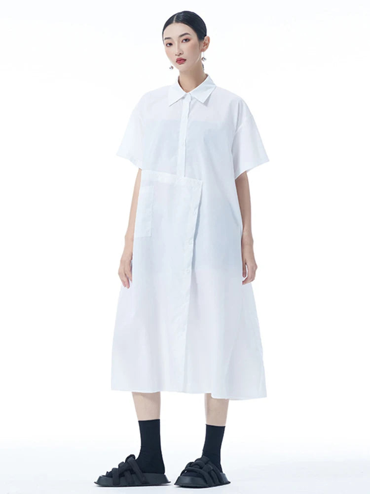 Women Black Irregular Button Big Size Midi Shirt Dress New Lapel Short Sleeve Fashion Tide Spring Summer 2025 1DJ0954