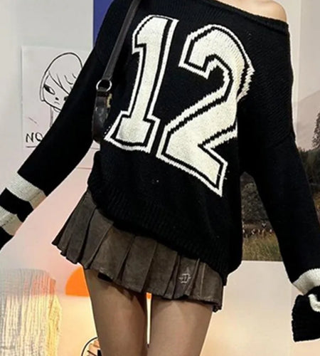 Harajuku Vintage Grunge Letter Sweaters Women Y2k Aesthetic Patchwork Slash Neck Jumpers Streetwear Casual Gothic Pullovers