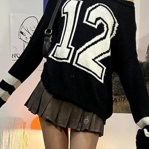 Load image into Gallery viewer, Harajuku Vintage Grunge Letter Sweaters Women Y2k Aesthetic Patchwork Slash Neck Jumpers Streetwear Casual Gothic Pullovers
