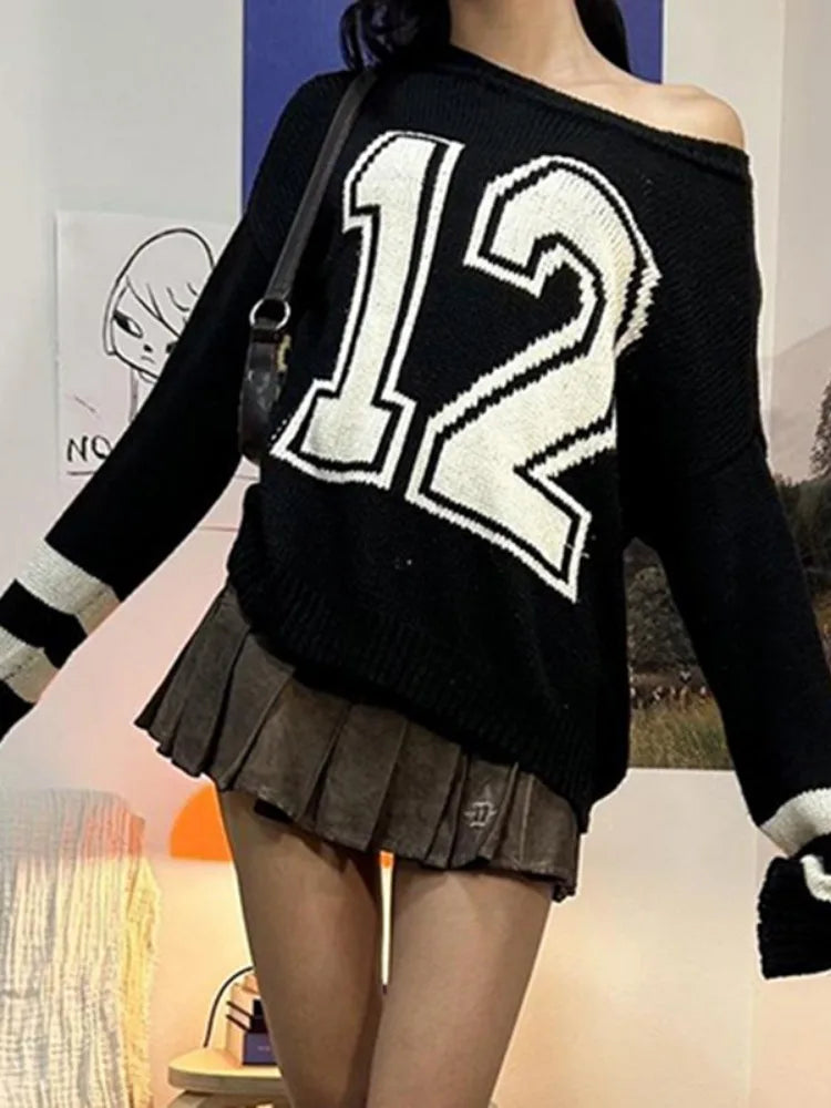 Harajuku Vintage Grunge Letter Sweaters Women Y2k Aesthetic Patchwork Slash Neck Jumpers Streetwear Casual Gothic Pullovers