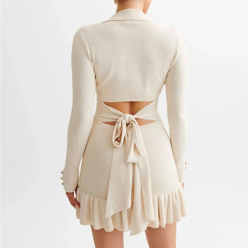 Load image into Gallery viewer, Long Sleeve Ruffled Knit Mini Dress For Women Autumn New V Neck Pearl Single-breasted Bow Bandage Knitted Dress Elegant
