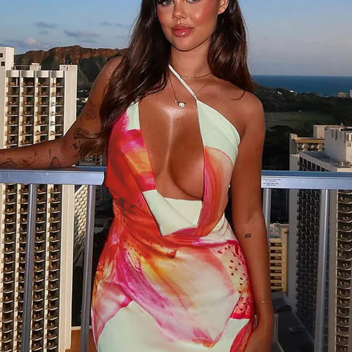 Load image into Gallery viewer, One Shoulder Backless Print Sexy Mini Dress Women Summer New Hollow Out Sleeveless Ruched Beach Club Party Dress
