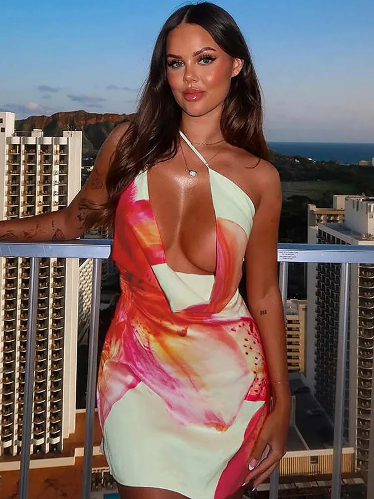One Shoulder Backless Print Sexy Mini Dress Women Summer New Hollow Out Sleeveless Ruched Beach Club Party Dress