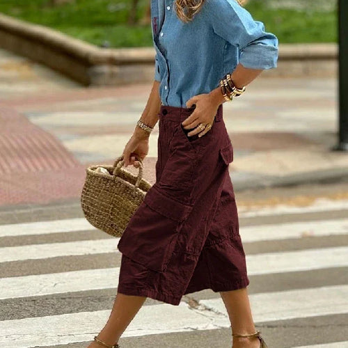 Load image into Gallery viewer, Summer Woman Wide Leg Capris Pants with Pockets New Trendy Split-joint Buttoned Loose Cropped Cargo Pants Female
