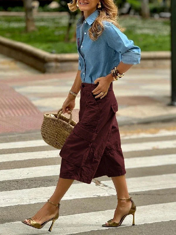 Summer Woman Wide Leg Capris Pants with Pockets New Trendy Split-joint Buttoned Loose Cropped Cargo Pants Female