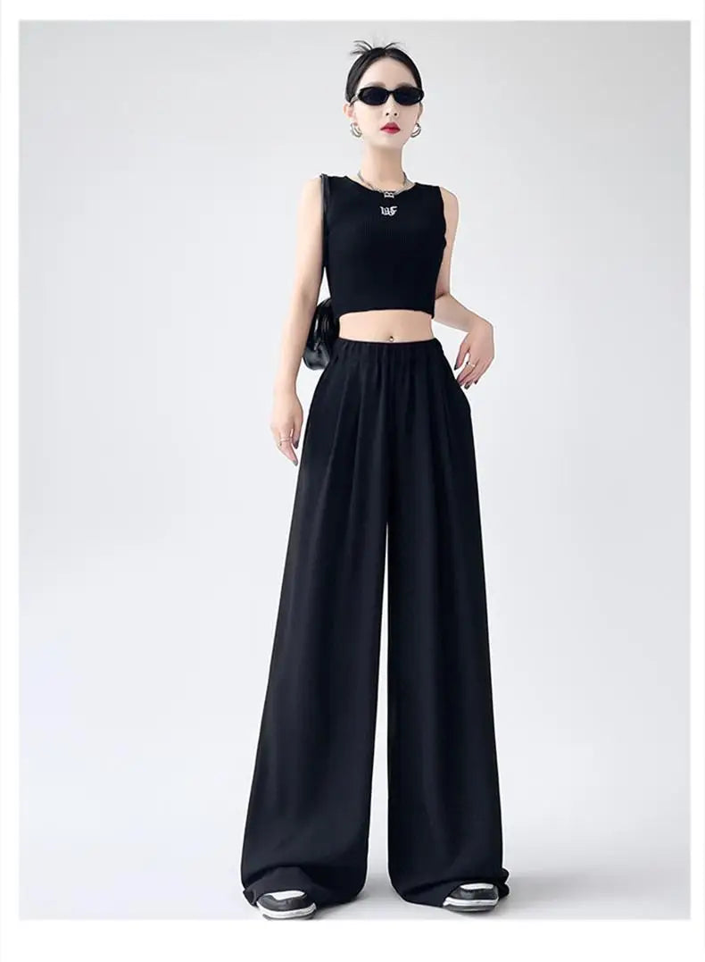 French Simplicity Solid Loose High Waisted Pockets Wide Leg Long Pants For Women's Spring Summer Casual Pleated Trousers Fashion