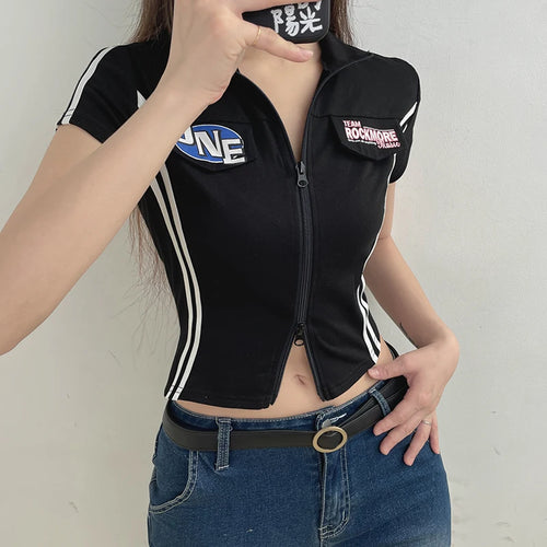 Load image into Gallery viewer, Streetwear Skinny Stripe Letter Zip-up Female T-shirt Casual Moto&amp;Biker Cropped Top Tee Contrast Summer Shirt Outfits
