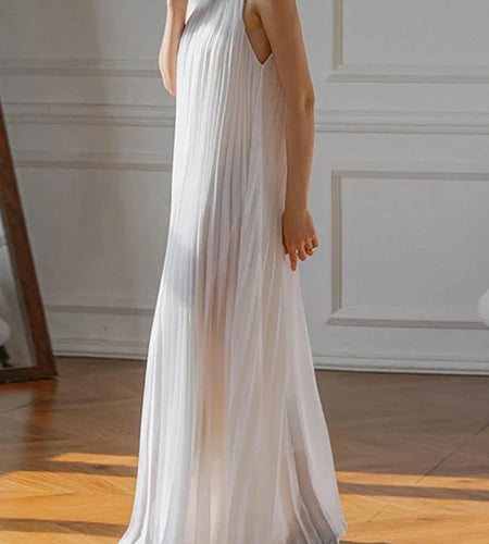 Summer Women Elegant Pleated Dresses Holiday Cocktail Party Birthday Halter Neck A-line Long White Dresses Woman