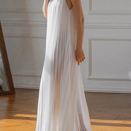 Load image into Gallery viewer, Summer Women Elegant Pleated Dresses Holiday Cocktail Party Birthday Halter Neck A-line Long White Dresses Woman
