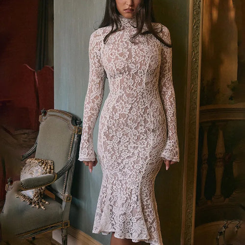 Load image into Gallery viewer, Elegant Lace Long Sleeve Bodycon Party Evening Dress Women 2025 New Autumn/Winter Tight Half High Neck Fishtail Dress
