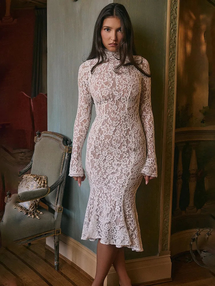 Elegant Lace Long Sleeve Bodycon Party Evening Dress Women 2025 New Autumn/Winter Tight Half High Neck Fishtail Dress