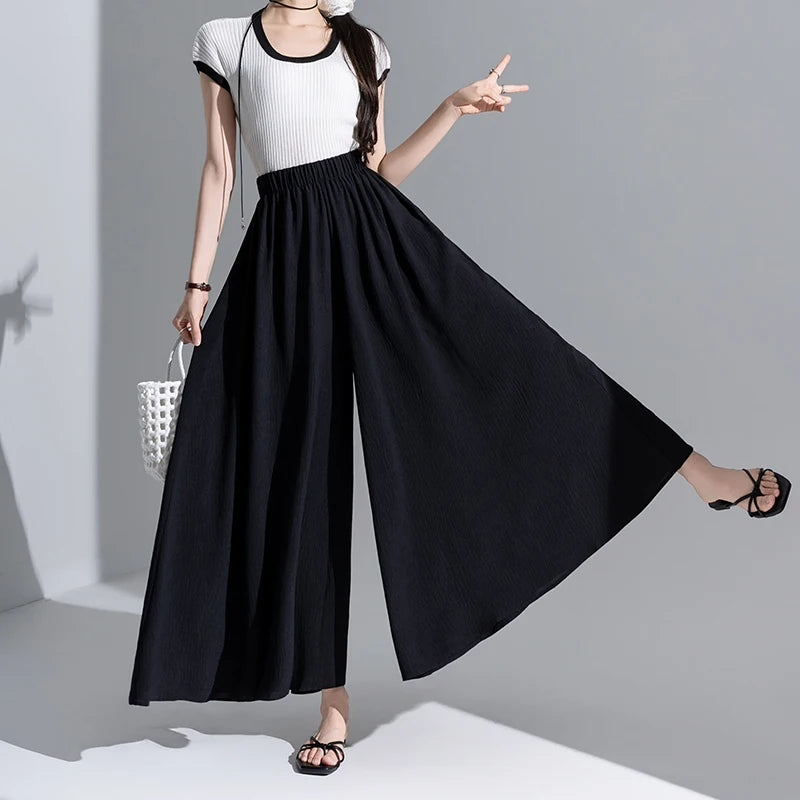 New Spring Summer White Loose Elastic High Waist Wide-leg Pants Casual Fashion Black Pleated Trousers Women Streetwear clothing