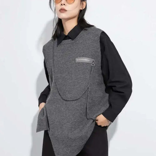 Load image into Gallery viewer, Gray Irregular Slit Big Size Knitting Sweater Round Neck Sleeveless Women Pullovers New Fashion Spring Autumn 2025 1DH7484
