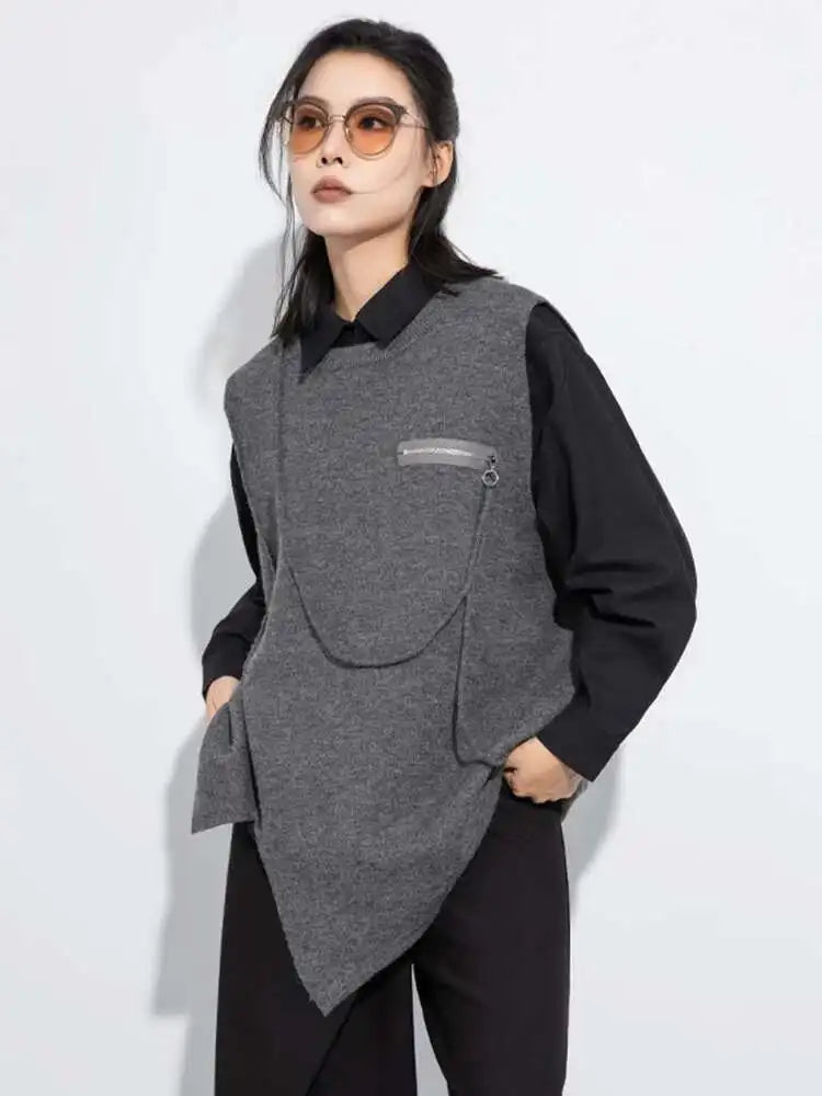 Gray Irregular Slit Big Size Knitting Sweater Round Neck Sleeveless Women Pullovers New Fashion Spring Autumn 2025 1DH7484