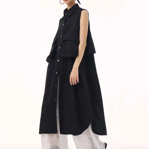 Load image into Gallery viewer, Women Black Shaped Pockets Big Size Midi Shirt Vest Dress New Lapel Sleeveless Fashion Tide Spring Autumn 2025 1DH9471
