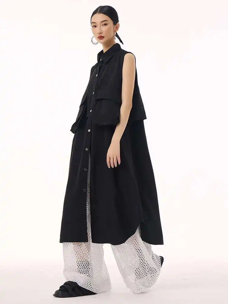 Women Black Shaped Pockets Big Size Midi Shirt Vest Dress New Lapel Sleeveless Fashion Tide Spring Autumn 2025 1DH9471