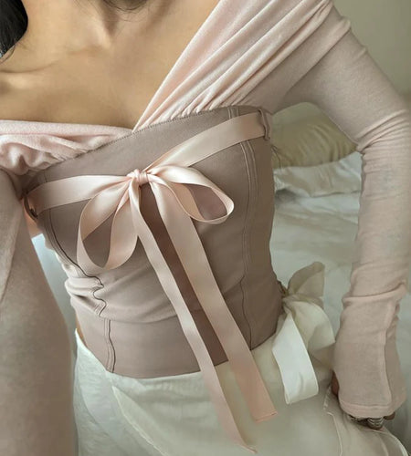 Contrast Patchwork Satin Lacing Crop Top Women V-Neck Long Sleeve Slim Versatile T-shirt Balletcore Party Streetwear