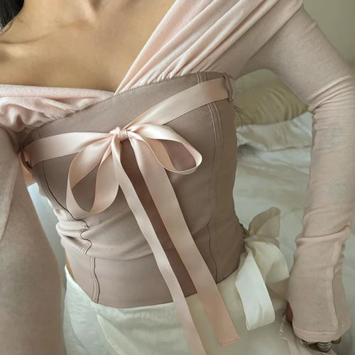 Load image into Gallery viewer, Contrast Patchwork Satin Lacing Crop Top Women V-Neck Long Sleeve Slim Versatile T-shirt Balletcore Party Streetwear
