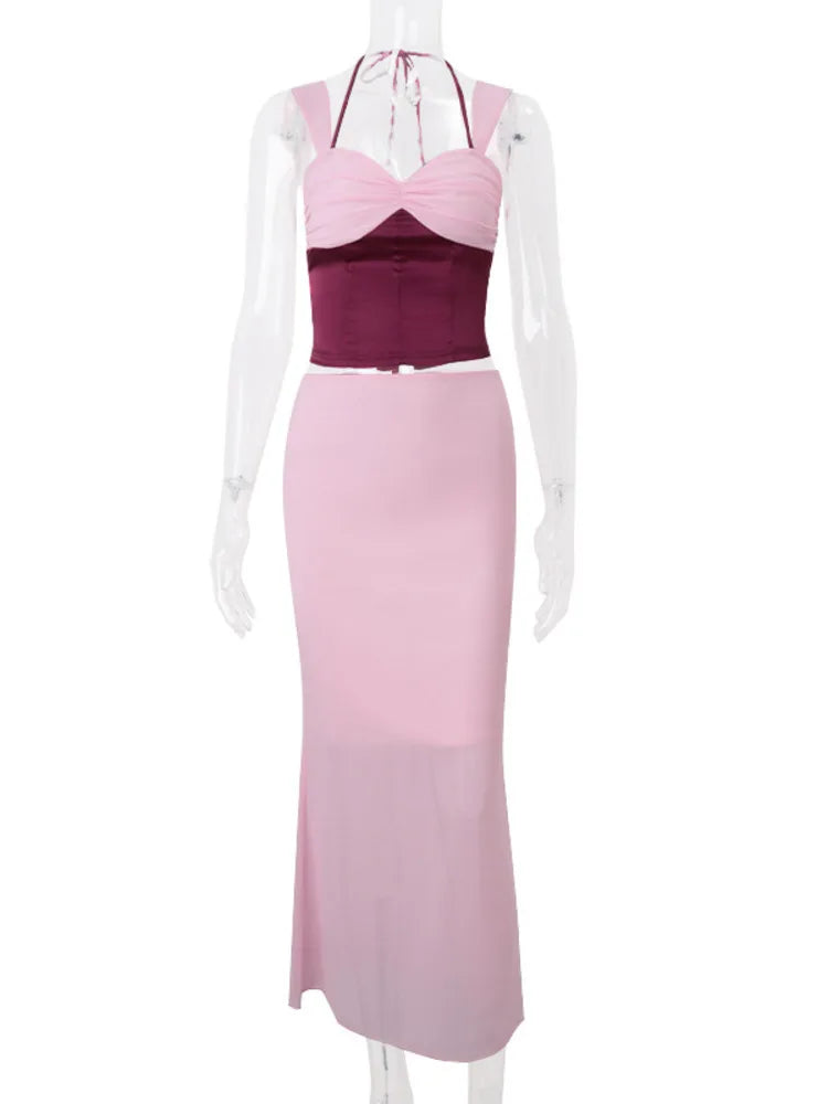 Sexy Skirt Two Piece Sets Women Halter Lace-up Cropped Tops And Maxi Skirt Ladies Fashion Sleeveless 2 Piece Sets