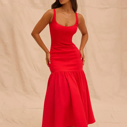 Load image into Gallery viewer, Backless Maxi Fishtail Dress For Women Gown Fashion Square Collar Sleeveless Loose Pleated Long Dress Elegant Dresses
