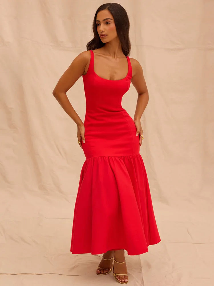 Backless Maxi Fishtail Dress For Women Gown Fashion Square Collar Sleeveless Loose Pleated Long Dress Elegant Dresses