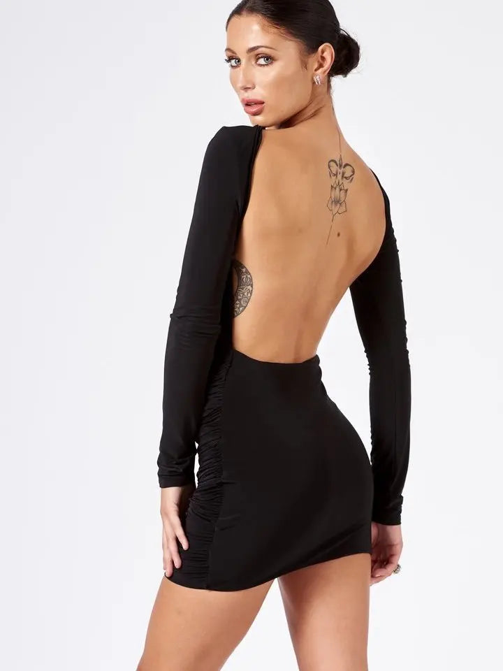 Elegant Long Sleeved Lace Up Backless Dress For Women 2024 New Straight Neck Bodycon Ribbon Slim Fitting Evening Dress