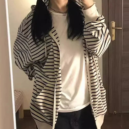 Load image into Gallery viewer, Spell Color Striped Chic Drawstring Loose Female Hoodies Autumn Basic Simple Casual O-neck Fashion Zipper Women Hoodies
