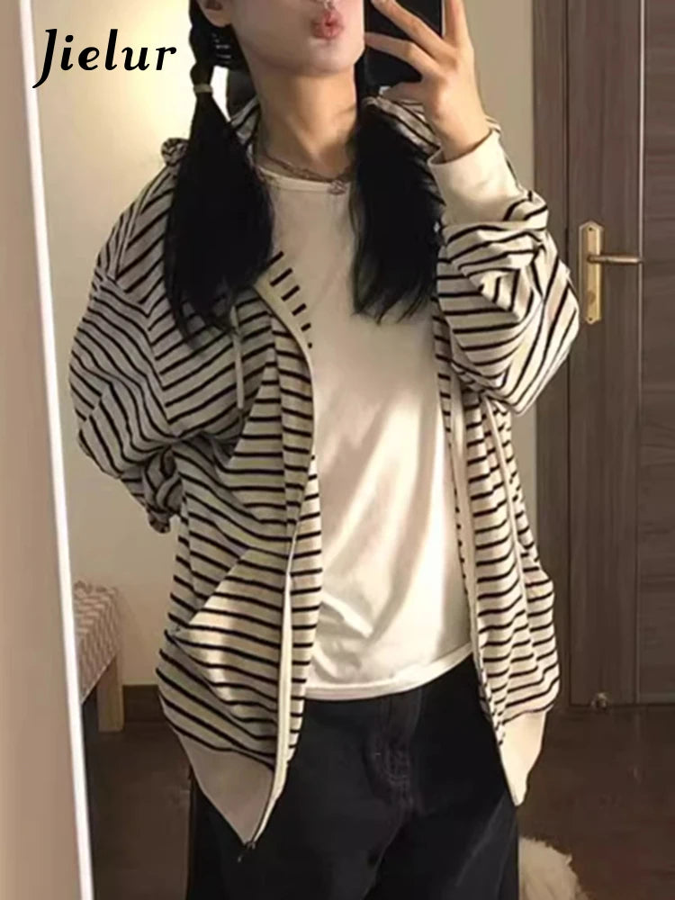 Spell Color Striped Chic Drawstring Loose Female Hoodies Autumn Basic Simple Casual O-neck Fashion Zipper Women Hoodies