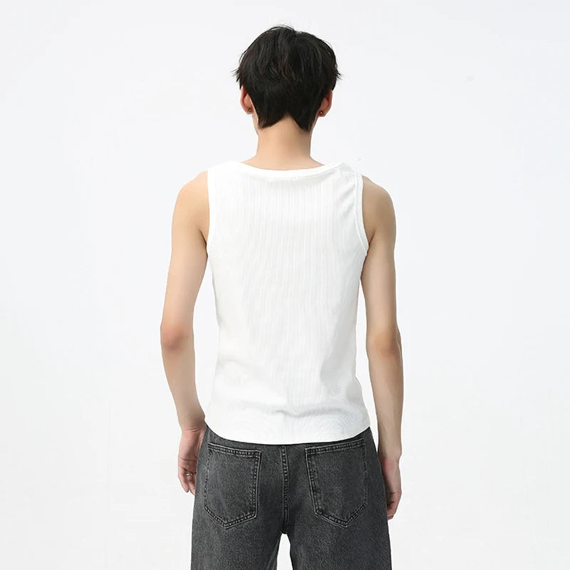 Men's Sleeveless Bottom Tank Top Simple Solid Color Irregular Neckline Trend Fashion Loose Casual Male Vest 9C5622