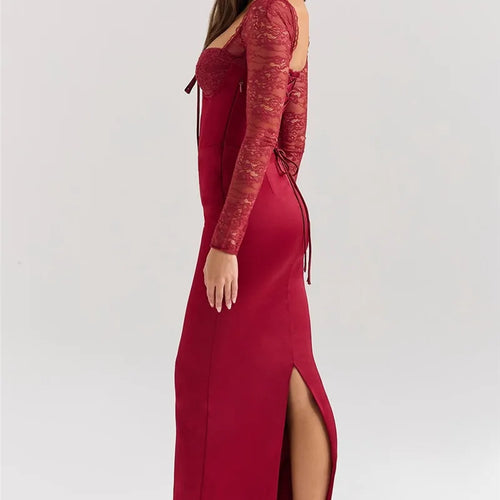 Load image into Gallery viewer, Backless Long Sleeve Sexy Maxi Dress For Women Solid Square Collar Lace-up Back Split Bodycon Club Long Dress Elegant
