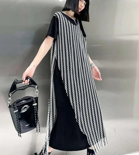 Women Black Irregular Mesh Big Size Casual Midi Dress New Round Neck Short Sleeve Fashion Tide Spring Summer 2025 1DH5415