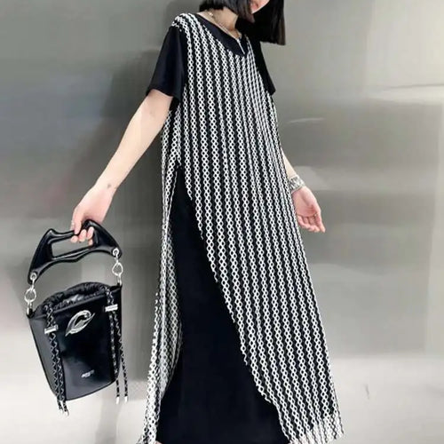 Load image into Gallery viewer, Women Black Irregular Mesh Big Size Casual Midi Dress New Round Neck Short Sleeve Fashion Tide Spring Summer 2025 1DH5415
