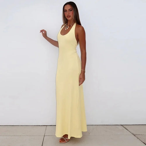 Load image into Gallery viewer, Halter Backless Sexy Maxi Dress Women Gown Summer New Solid U Neck Sleeveless High Waist Long Dress Elegant 2025
