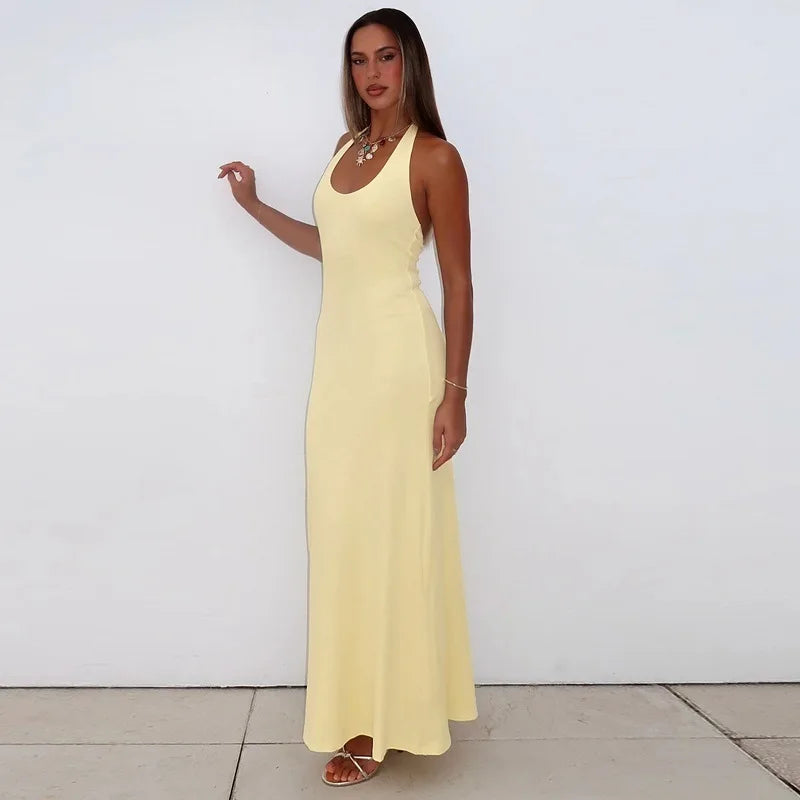 Halter Backless Sexy Maxi Dress Women Gown Summer New Solid U Neck Sleeveless High Waist Long Dress Elegant 2025