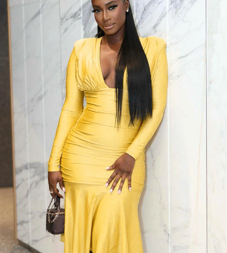 Fall Elegant Solid V Neck Long Sleeve Shoulder Pads Sexy Pleated Midi Dress Women Y2K Outfits Evening Party Festival