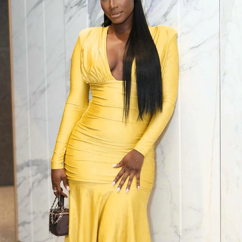 Load image into Gallery viewer, Fall Elegant Solid V Neck Long Sleeve Shoulder Pads Sexy Pleated Midi Dress Women Y2K Outfits Evening Party Festival
