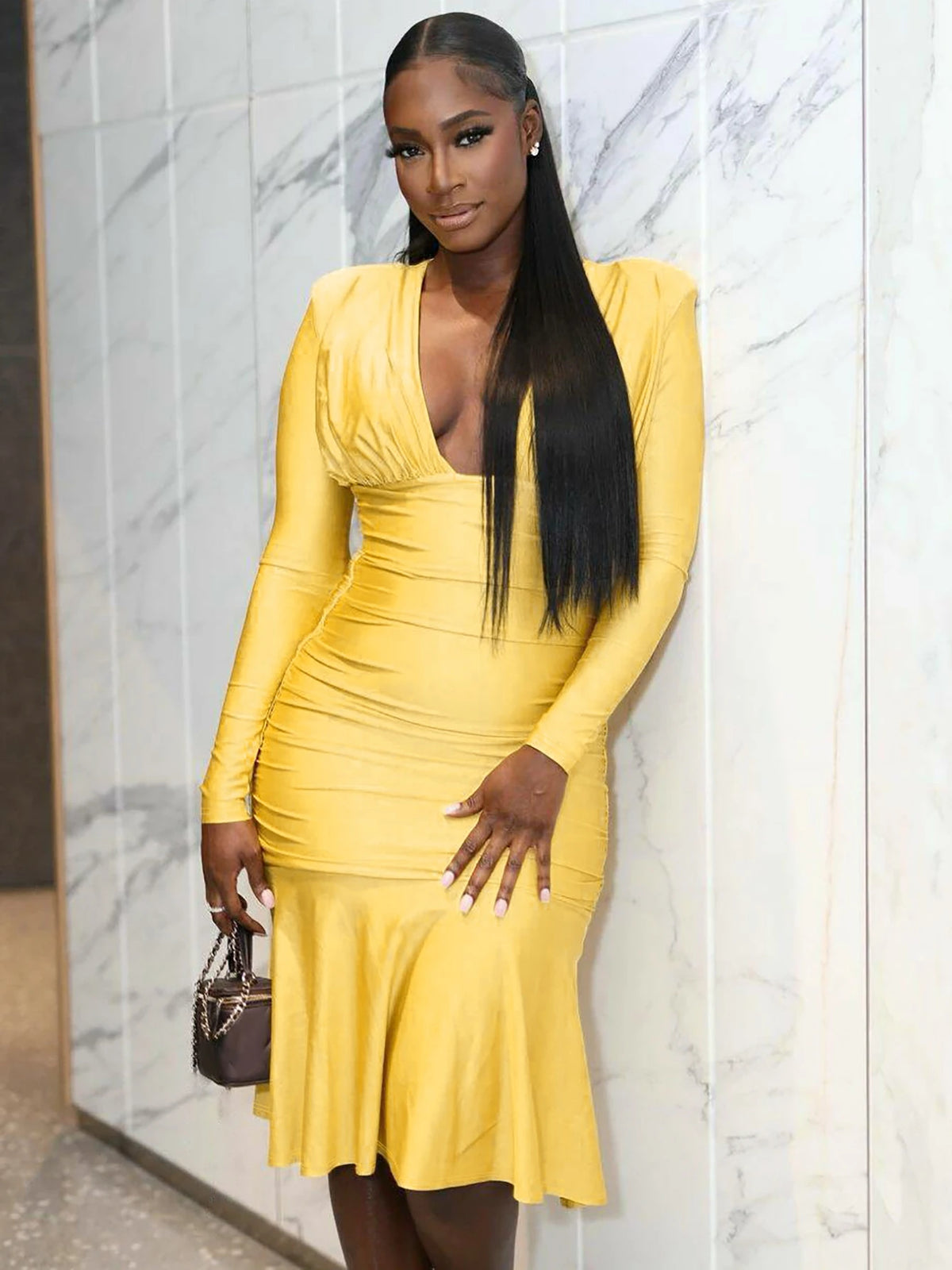 Fall Elegant Solid V Neck Long Sleeve Shoulder Pads Sexy Pleated Midi Dress Women Y2K Outfits Evening Party Festival