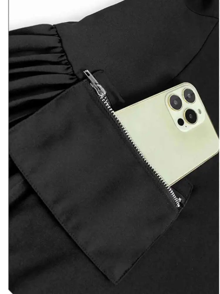 Women Black Pocket Pleated Big Size Midi Casual Dress New Round Neck Short Sleeve Fashion Tide Spring Summer 2025 1DJ0137