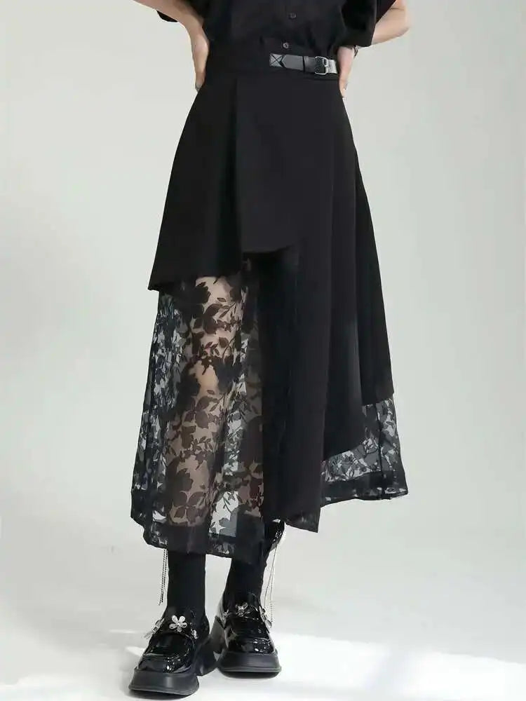 High Elastic Waist Black Spliced Mesh Irregular Casual Half-body Skirt Women Fashion Tide New Spring Autumn 2025 1DF6873