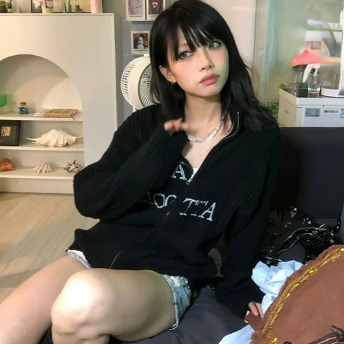 Load image into Gallery viewer, Y2k Aesthetic Letter Jacquard Knitted Cardigan Women Vintage Double Zippers Jacket Harajuku Loose Sweater Coat Grunge Streetwear
