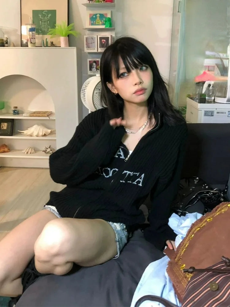 Y2k Aesthetic Letter Jacquard Knitted Cardigan Women Vintage Double Zippers Jacket Harajuku Loose Sweater Coat Grunge Streetwear