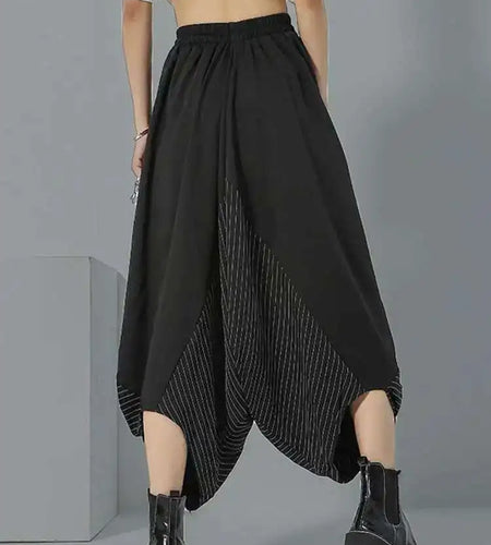 High Elastic Waist Black Irregular Striped Pants New Loose Fit Trousers Women Fashion Tide Spring Autumn 2025 1DF4666