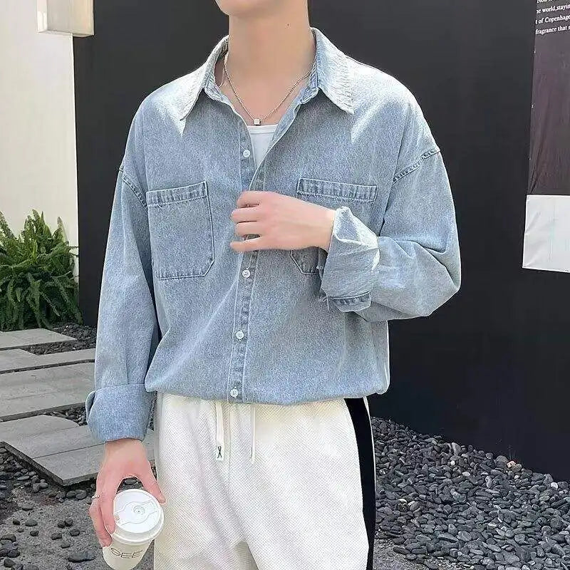 Summer Men's Denim Shirts Solid Color New Korean Tide Long Sleeved Casual Turn-down Collar Male Shirt Spring 2025 9W1215