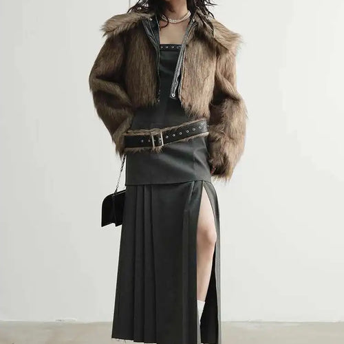 Load image into Gallery viewer, Women Geay Leather Hem Pleated Wool Belt Long Elegant Dress New Halter Sleeveless Fashion Tide Spring Autumn 2025 1DH7227
