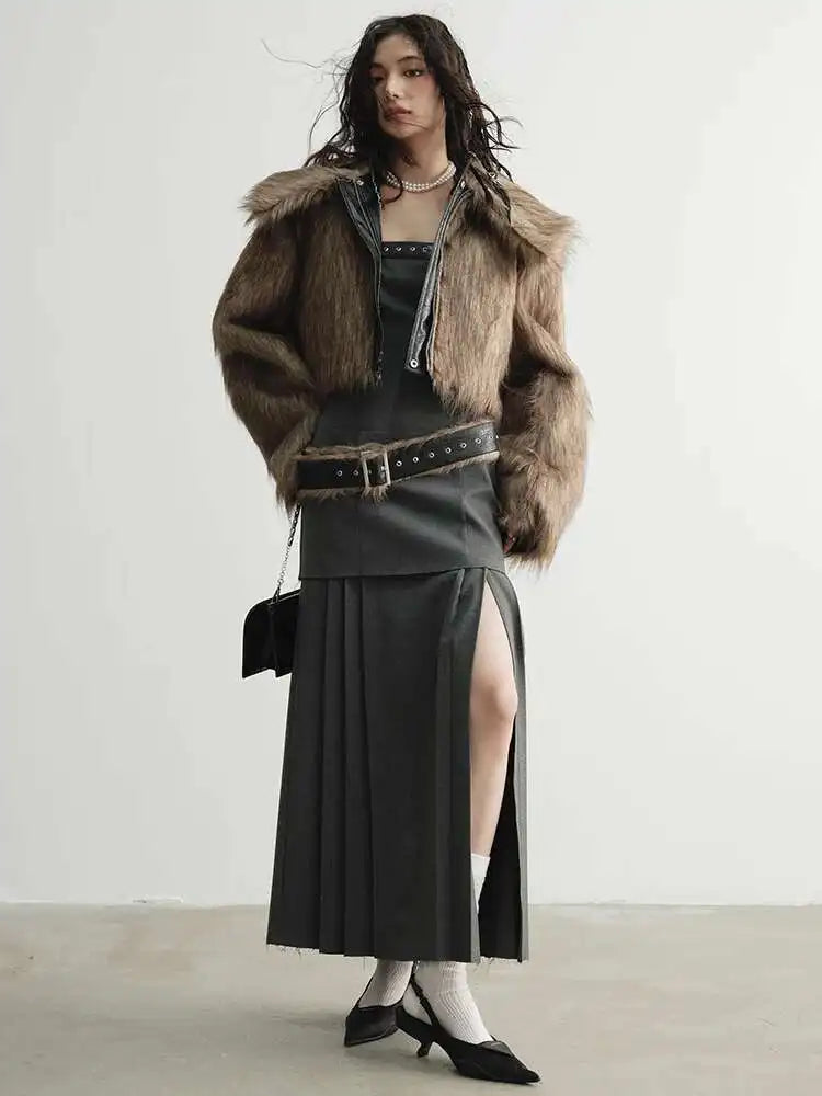 Women Geay Leather Hem Pleated Wool Belt Long Elegant Dress New Halter Sleeveless Fashion Tide Spring Autumn 2025 1DH7227