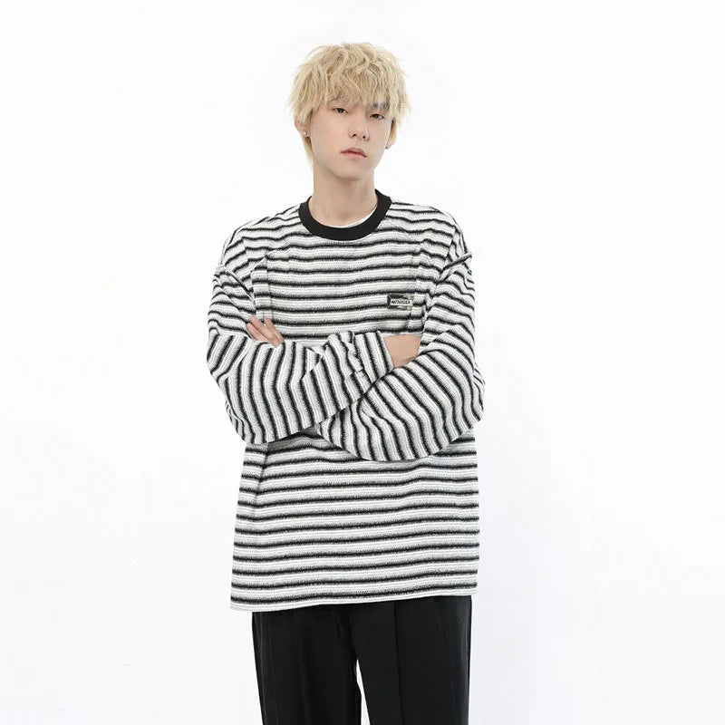 Pullover T-shirt Long Sleeved Top Korean Style Stripe Round Collar Casual Men's Clothing Summer Trend 9C5178