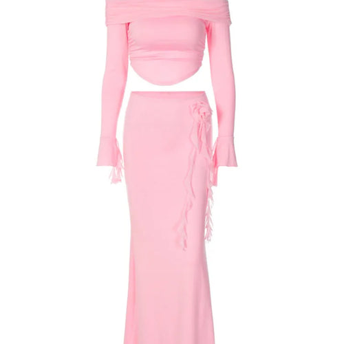 Load image into Gallery viewer, Winter New Sexy Long Sleeved Half Skirt Set For Woman 3D Flower Slim Tight Long Skirt Party Evening Dress Two Piece Set
