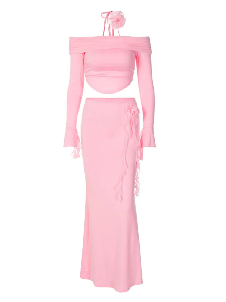 Winter New Sexy Long Sleeved Half Skirt Set For Woman 3D Flower Slim Tight Long Skirt Party Evening Dress Two Piece Set