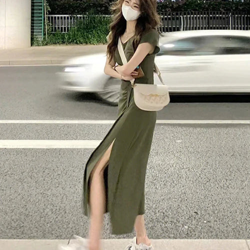 Load image into Gallery viewer, Chic Green Slim Waist Elegant Women&#39;s Dresses Summer Pleated Slight Stretch Sexy Fashion Female Dresses High Street
